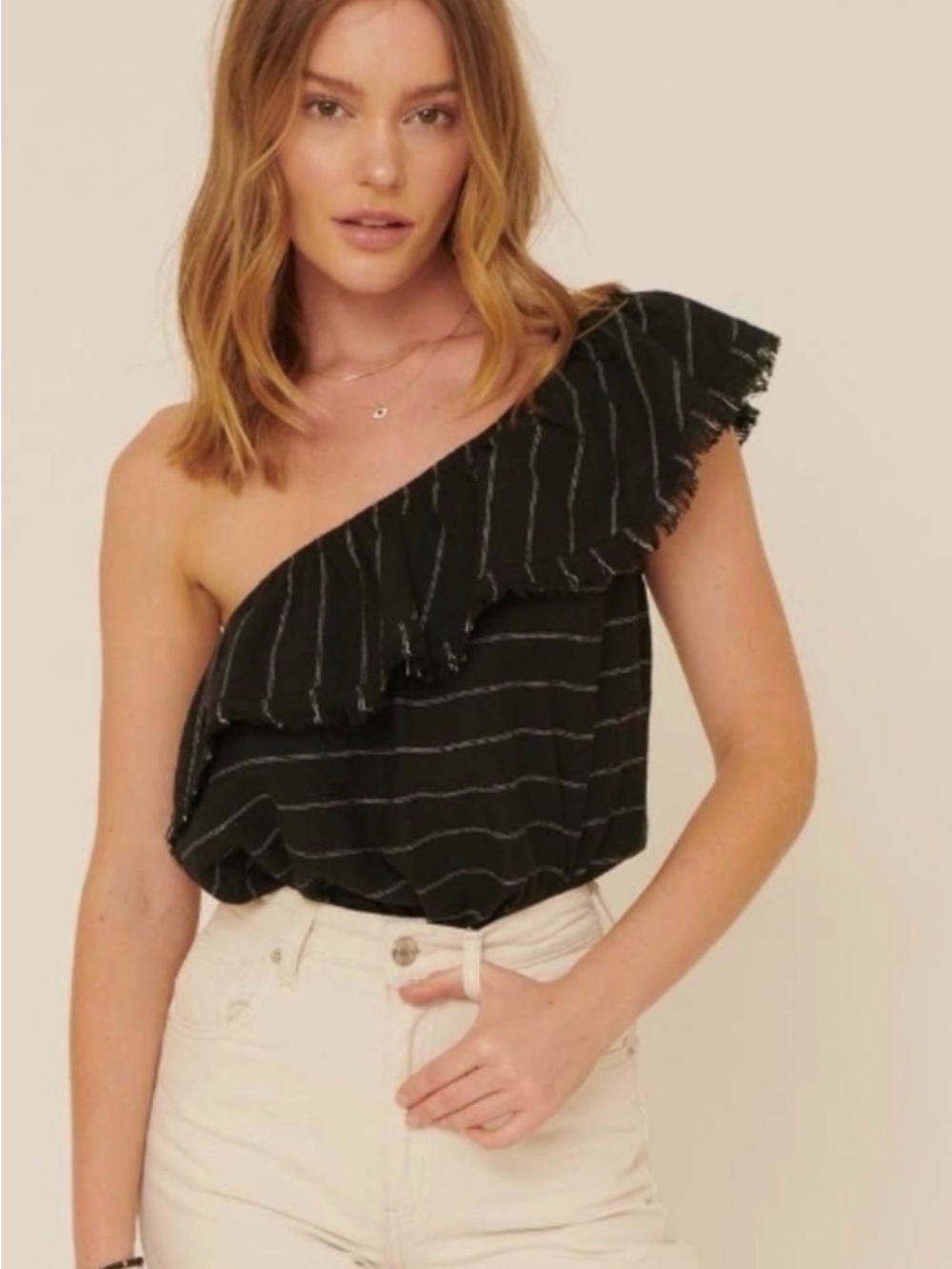 Promesa Black One-Shoulder Ruffle Stripe Bodysuit S/M/L nwt